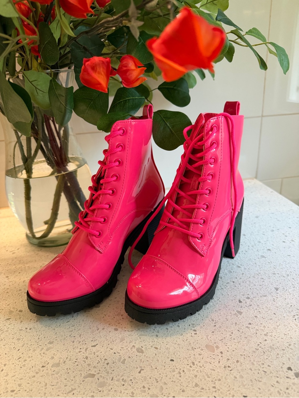 Qupid Hot Pink Patent Lace-Up Chunky Heel Ankle Boots